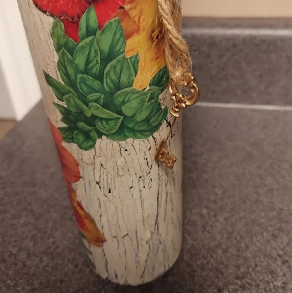 Hand Crafted Decoupage Wine Bottle Vase with Key Charm - Unique! EDC